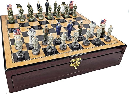 US Military Army vs Air Force Chess Men Set with 17 inch Walnut Color Storage Board