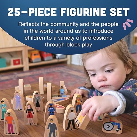 Constructive Playthings Wooden Community Helpers 25-Piece Wood Block Play Figurine Set Freestanding Inclusive and Diverse Wood Toy Figures for Kids Ages 3+