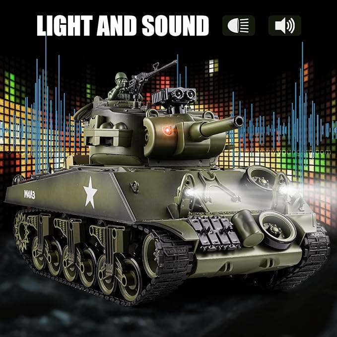 1/18 RC Tank 2.4G US M4A3 Sherman Remote Control Tank That Shoot BBS with Smoke Sound and Lights 165ft Remote Control Army Model Toy Military All-Terrain Vehicle for Kids &amp Adults