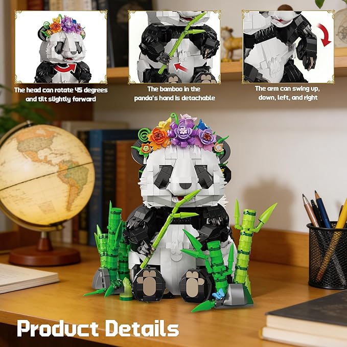 Panda Building Set with Flowers &amp Bamboo for Adults Compatible with Lego Wild Animals Movable Arms and Head Collectible Model Home Decor Gift for Teens Boy Girl