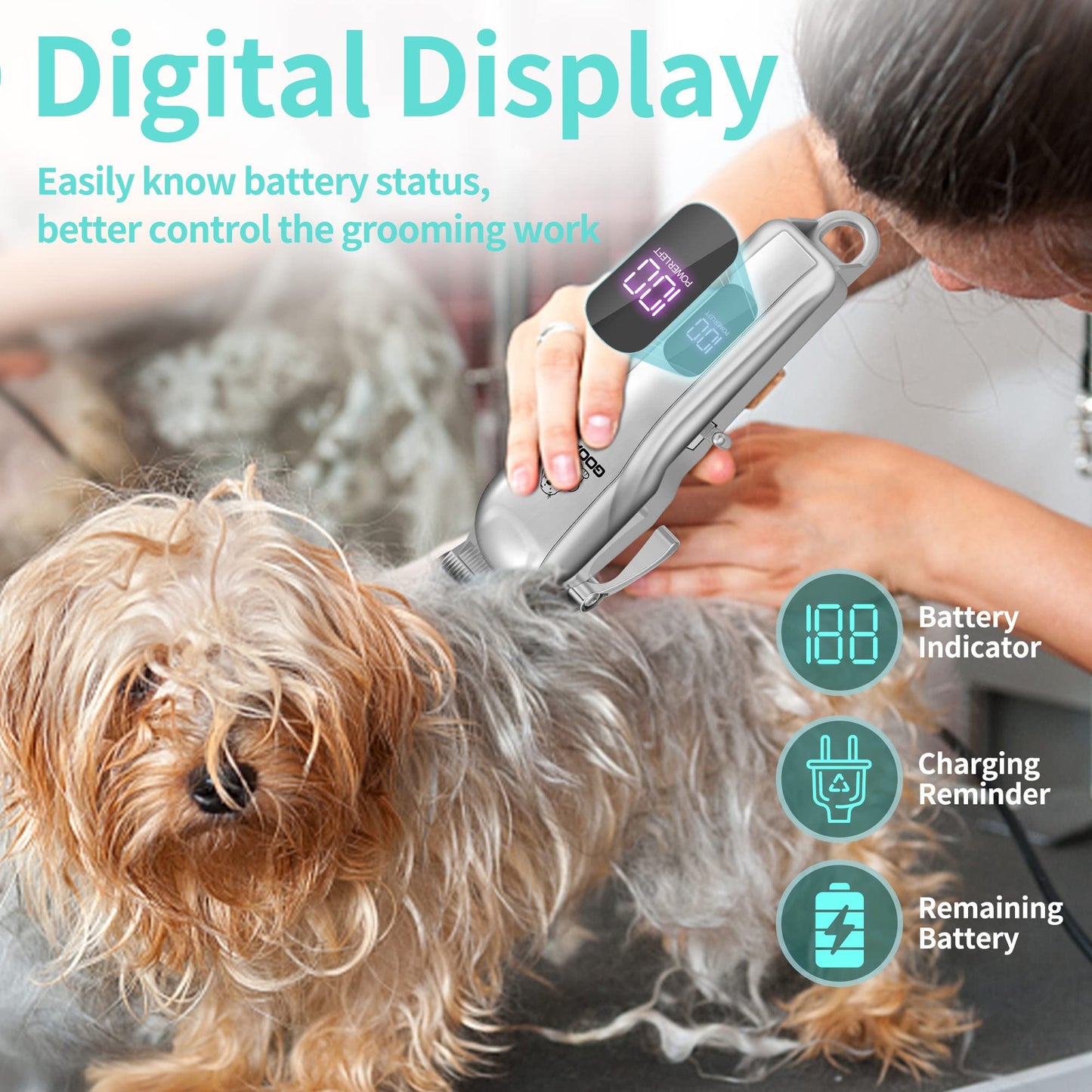 Gooad Dog Clippers for Grooming for Heavy Thick Hair&Coats, Dog Hair Trimmer,Low Noise Rechargeable Cordless Dog Grooming Kit Pet Shaver for Small Large Dogs Pets (Sliver)