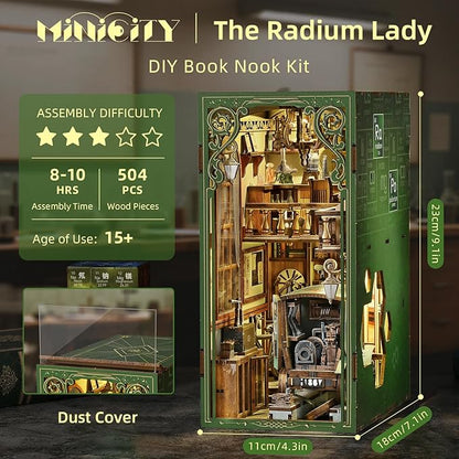 Book Nook Kit DIY Miniature Dollhouse Kit 3D Puzzles for Adults Tiny House Mini Home Craft Bookshelf Nook Puzzle Book Decor Gifts for Teenagers Book Lovers (The Radium Lady)