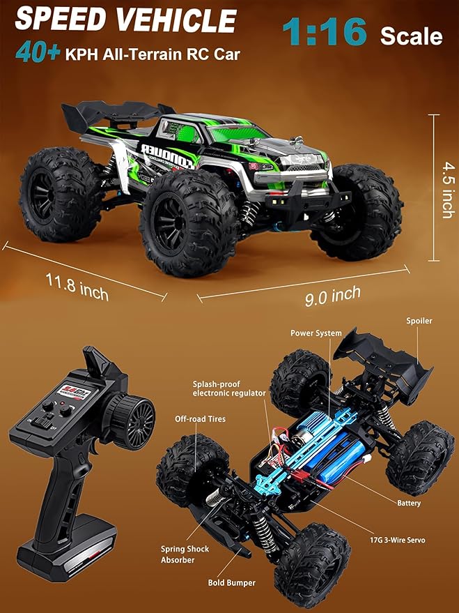 1:16 Scale RC Cars for Adults High-Speed 4WD Offroad Hobby Remote Control Truck 50km/h Fast 2.4GHz All Terrain RC Monster Buggy with 2 Batteries (RTR/Red)