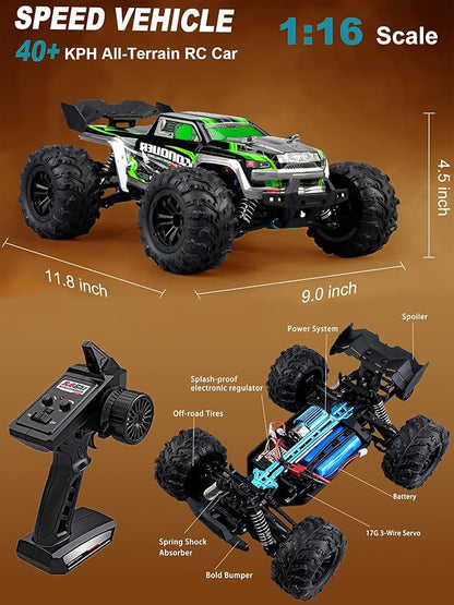 1:16 Scale RC Cars for Adults High-Speed 4WD Offroad Hobby Remote Control Truck 50km/h Fast 2.4GHz All Terrain RC Monster Buggy with 2 Batteries (RTR/Green)