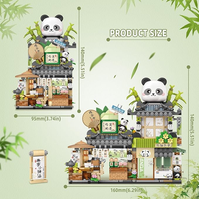 Street View Tea Shop Mini Building Blocks Set Cute Panda Animals Building Toys Girls 6-12 Simulation Architecture Construction Toy Birthday Gift for Kids Adults (860PCS)