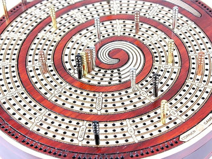 House of Cribbage - Cribbage Board Spiral Design Round Shape 4 Tracks Bloodwood/Maple with Place for Skunks Corners &amp Won Games