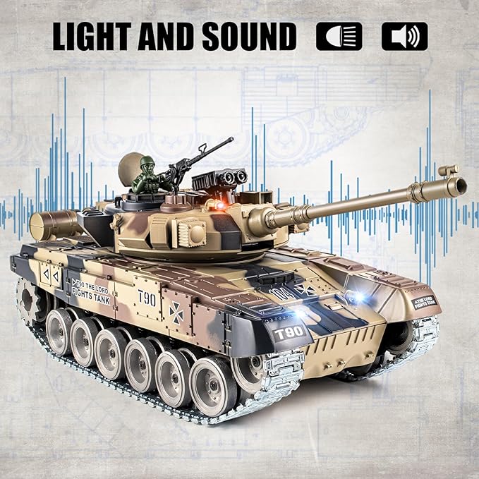 RC Tank 1:18 Russian T-90 Metal Tracks Remote Control Model Tank Toys 2.4Ghz Army Toys with Smoke Sound and Light RC Military Vehicle that Shoots BBS for Adults and Kids