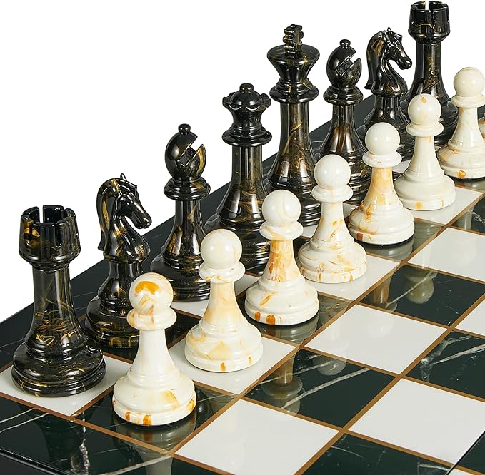 15 Large Chess Set for Adults with Extra 2 Queens Weighted Acrylic Pieces-3.5 King w/Leather Base Portable Folding Marbling Wooden Chess Board - Travel/Family Game &amp Elegant Gift