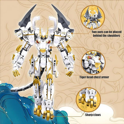 HIGH GODO Mech Robot Building Blocks Set for Adults Flexible Cool White Tiger Warrior Model Kit with Two-Handed Axes Weapon Toy Playset 679 Pieces Creative Mythical Ninja Gifts for Man Teens 14+
