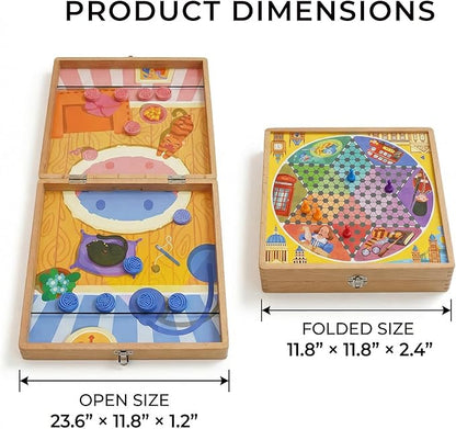 5-in-1 Wooden Board Games for Kids &amp Adults Premium Beech Wood Frame Family Game Center with Fast Sling Puck Detachable Flat Chess Board Chinese Checkers Ludo &amp Snakes and Ladders