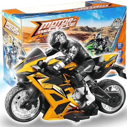 Liberty Imports 2.4G RC Remote Control Stunt Motorcycle with Riding Figure 1:10 Scale High Speed Cross Country 360 Degree Rotation Drift Shockproof Racing Motorbike (Yellow)