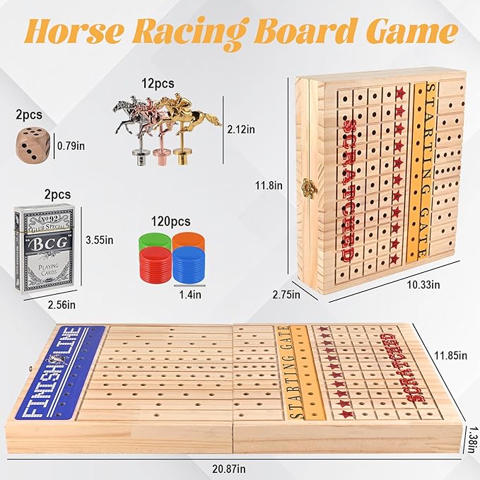 Horse Racing Board Game Foldable Wood Horse Race Game with 11 Metal Horses 2 Dice 2 Decks of Cards and 120Pcs Chips for Friends Adults Family Party Game Night