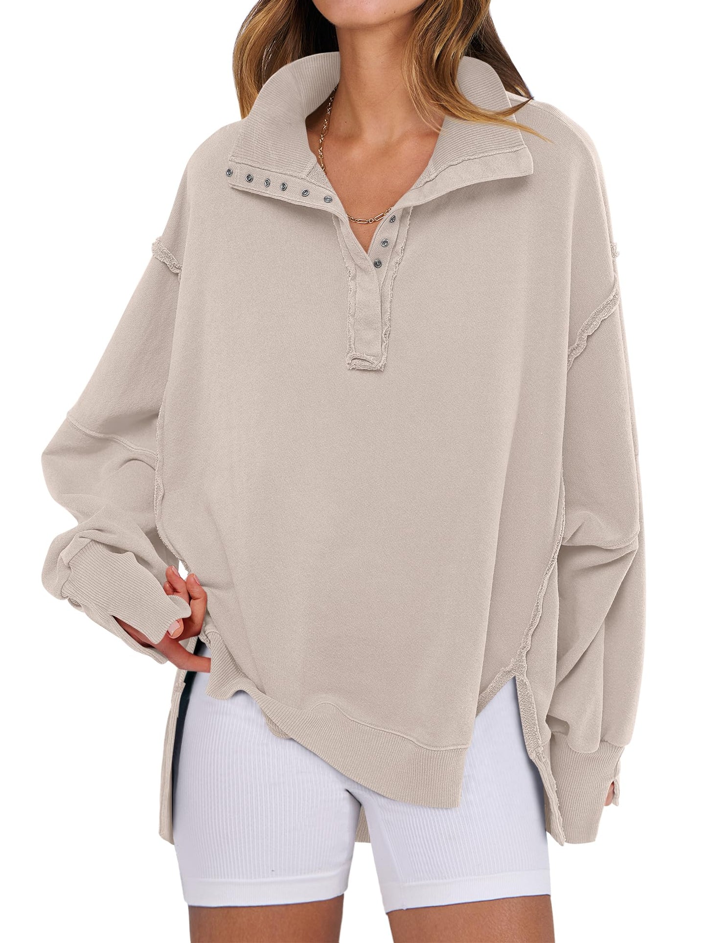 ANRABESS Women's Sweatshirts Oversized Casual Loose Button Up Henley Pullover Top High Low Split 2025 Fall Fashion Outfits