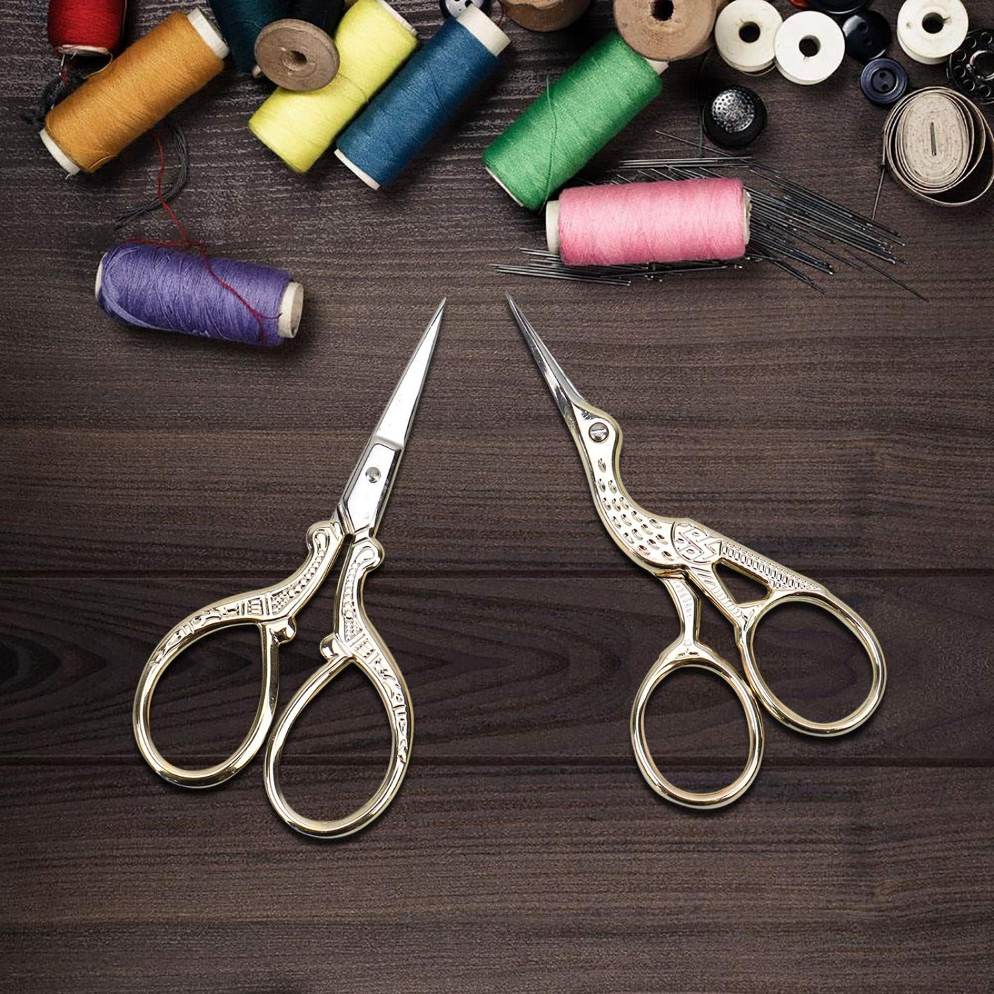 AQUEENLY Embroidery Scissors, Stainless Steel Sharp Stork Scissors for Sewing Crafting, Art Work, Threading, Needlework - DIY Tools Dressmaker Small Shears - 2 Pcs (3.6 Inches, Gold)