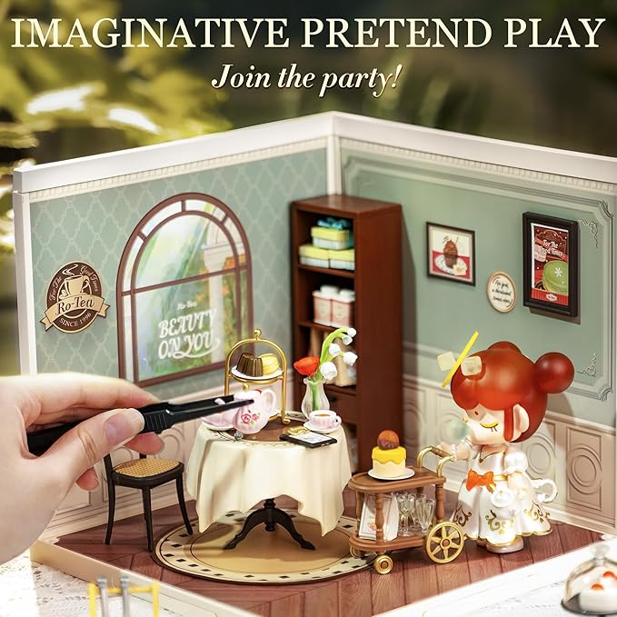 ROBOTIME Miniature House Kit DIY Plastic House Building Toy Set with LED Tiny Store Making Kit Model Craft Hobby Unique Gift (Sweet Sips Tea)