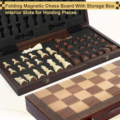 Magnetic Wooden Chess Set for Adults Kids 15'' Chess Board with Handmade Pieces Folding Portable Travel Unique Chess Sets Game for Tournament Professional Beginner