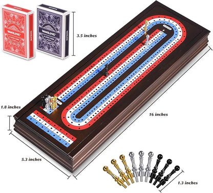 VAMSLOVE 16'' Cribbage Board Game Set Wooden 3-Track Scoreboard with Large Slots for Storing 2 Playing Cards and 9 Metal Pegs Travel Family Game Night (Instruction Included)
