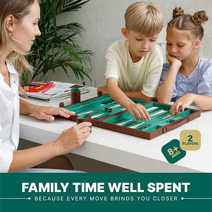 Premium 15 Inch Backgammon Set for Adults – Classic Faux Suede Leather Backgammon Board with 32 Chips Dice Cups &amp Doubling Cube