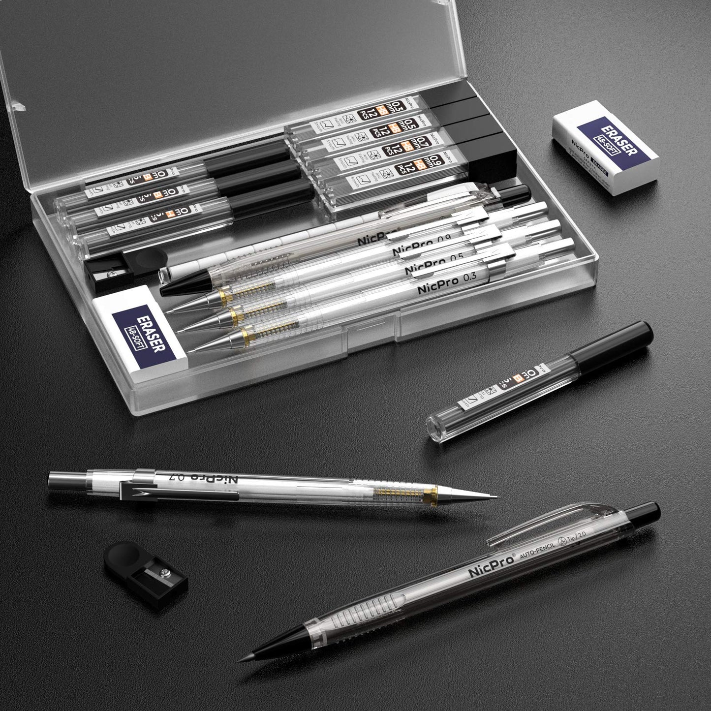 Nicpro 6PCS Art Mechanical Pencil Set, 4PCS Drafting Pencils 0.3 & 0.5 & 0.7 & 0.9 mm & 2PCS 2mm Lead Holder (4B 2B HB 2H) For Writing, Sketching Drawing With 12 Tube Lead Refills Erasers Case