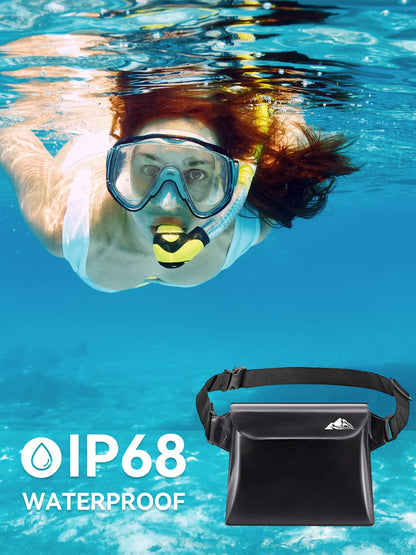 HEETA 2-Pack Waterproof Pouch with Waist Strap, Screen Touchable Dry Bag with Adjustable Belt for Phone Valuables for Kayaking Swimming Snorkeling Boating Fishing Surfing Beach (Black & Grey)