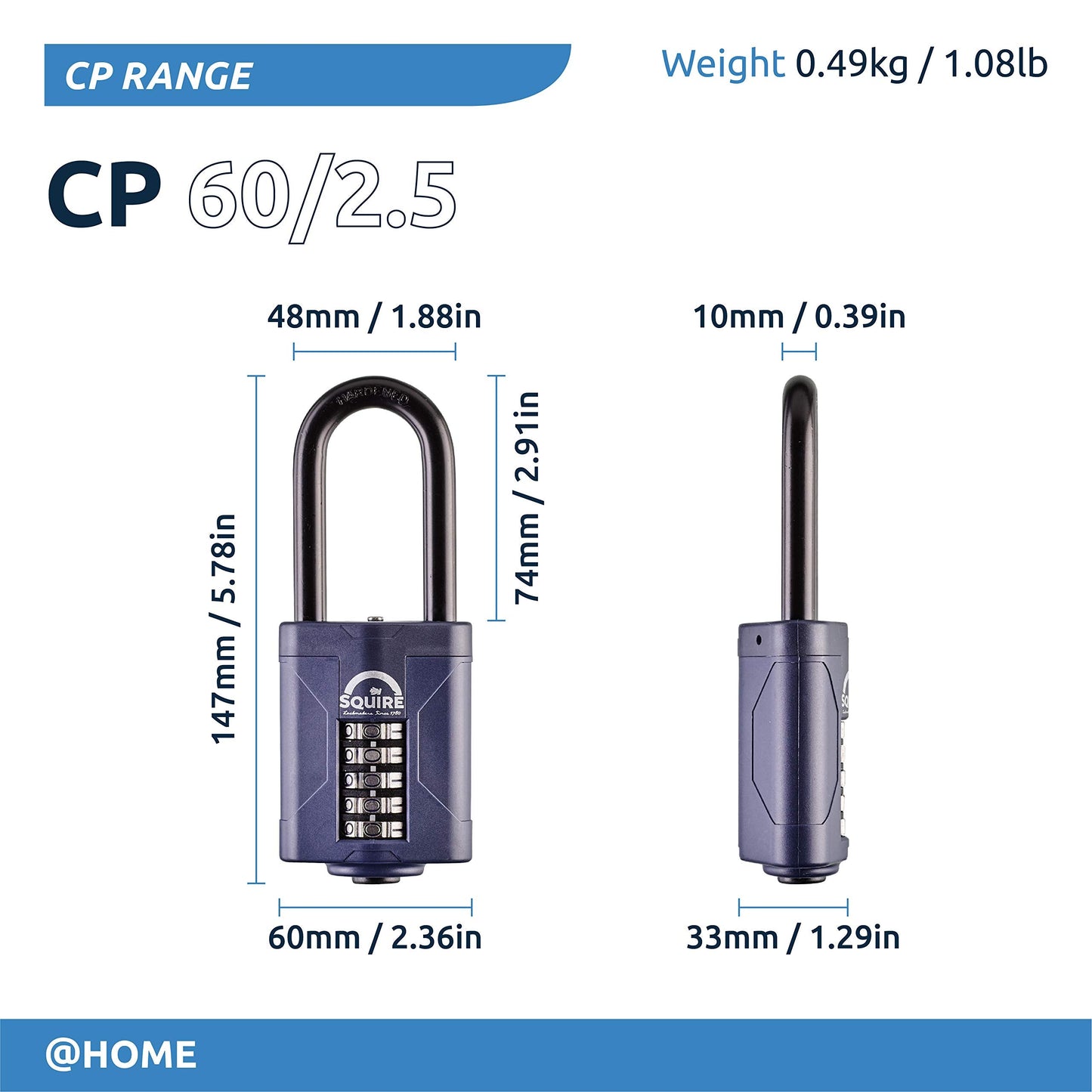 Squire Heavy Duty Padlock CP60/2.5 - Toughest Long Shackle 5 Wheel Combination Padlock, Alloy Steel, Corrosion Resistance, Weatherproof - Blue, 2.36 in