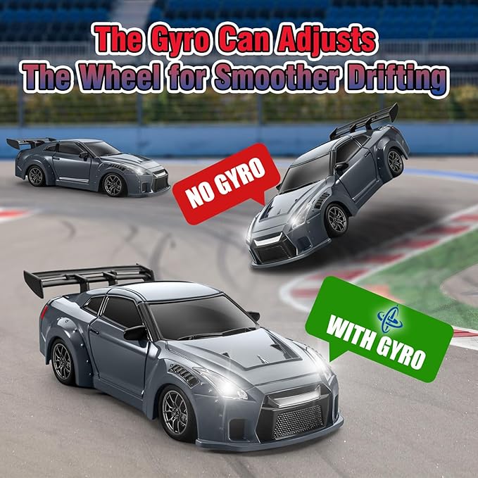 ACAMMZAR Mini RC Drift Car with Gyro 1:43 4WD Full Proportional RC Cars 18KM/H High Speed Remote Control Car with Lights Extra Racing Tires Vehicle for Adults Kids Boys Light Gray