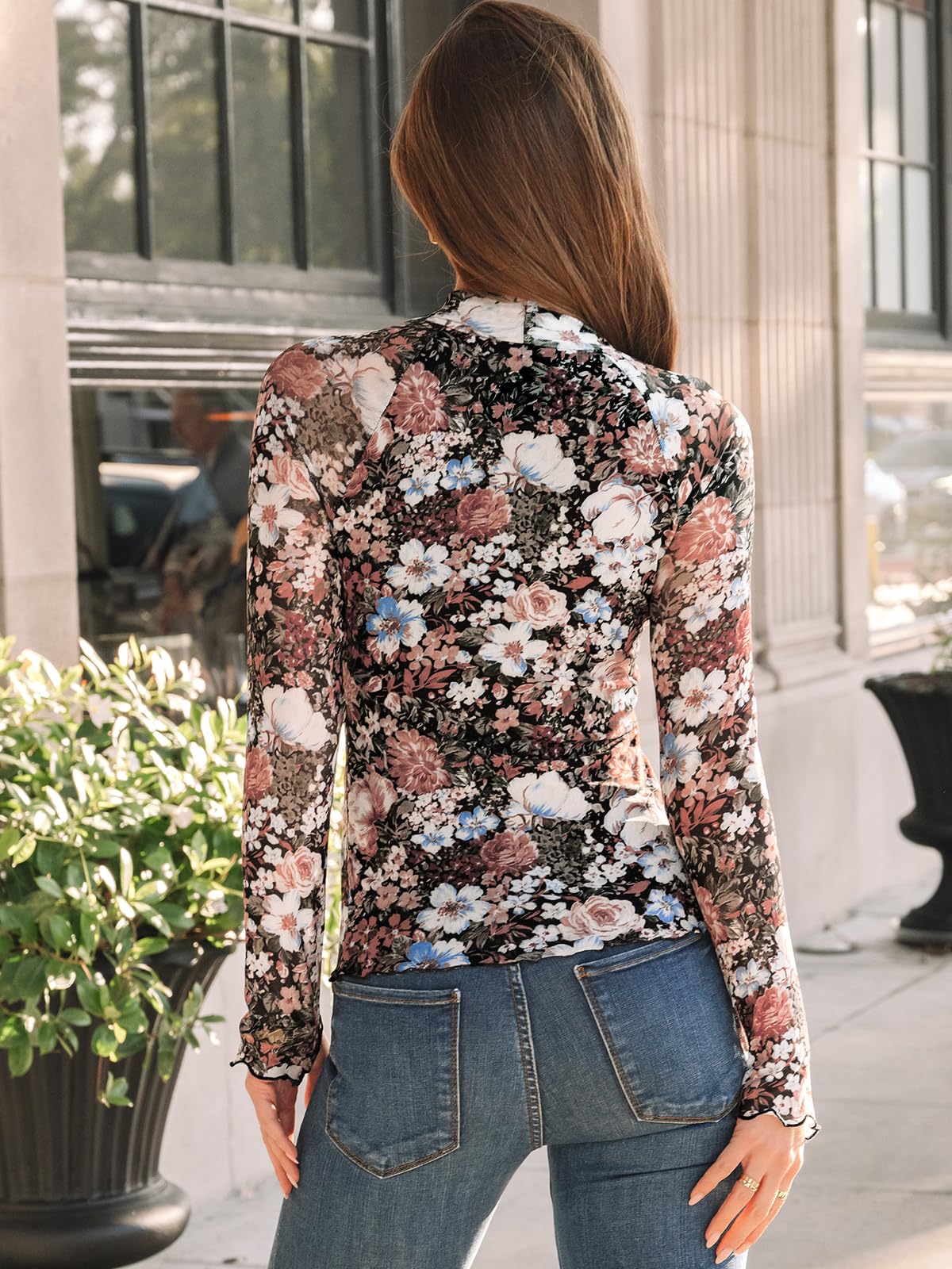 Dealmore Lace Sheer Long Sleeve Floral Mesh Mockneck Trendy Cute Going Out Tops for Women Fall Fashion Outfits 2025 Clothes Floral Fierce XS