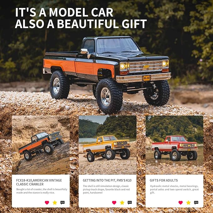 FCX18 FMS 1/18 Chevrolet K10 RC Truck Officially Licensed 4WD RC Crawler 2 Speeds Switch with LED Lights Off-Road RC Model for Adults (Red)