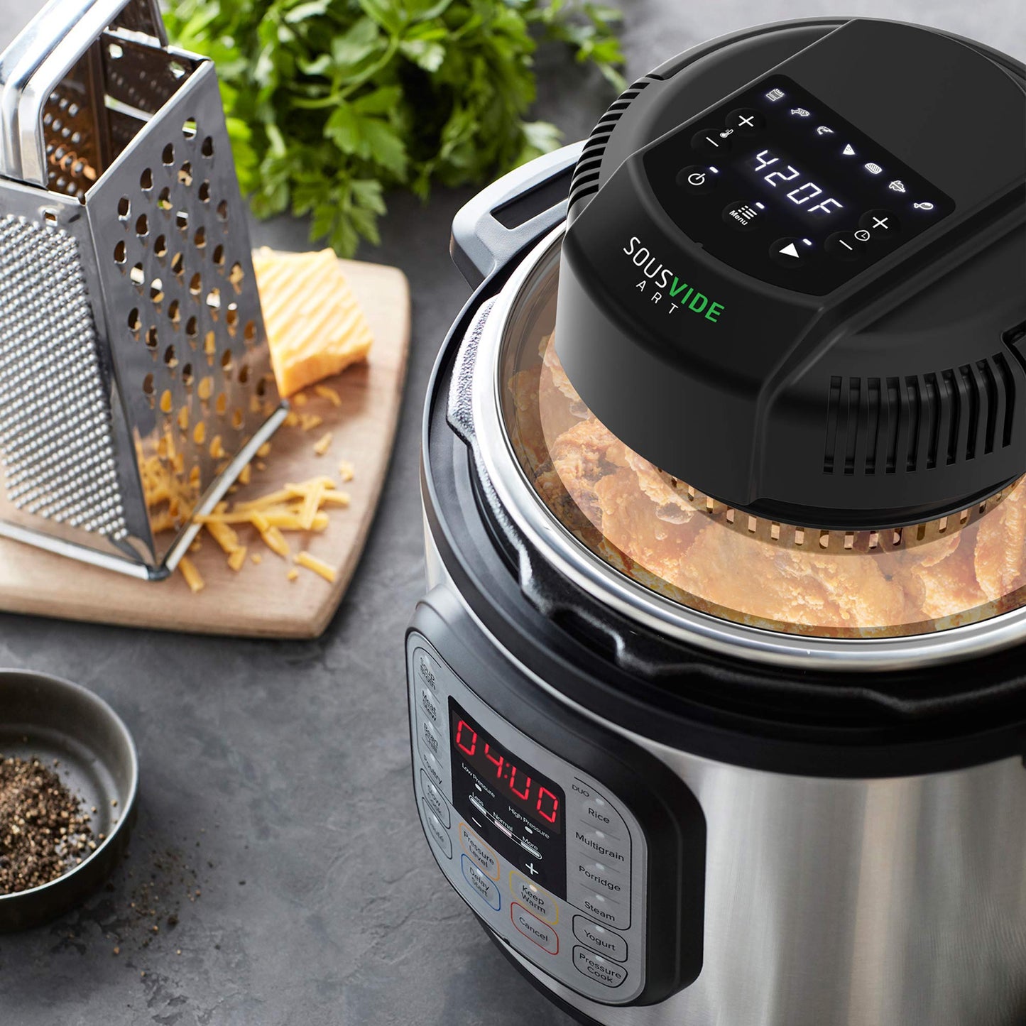Sousvide Art 7-in-1 Instant Pot Air Fryer Lid 8 qt, Instant Pot Pressure Cooker Attachment - Fryers Lid - Instapot Accessory - Air Fryer Accessories Combo with Basket, Rack, Mat, Tongs, Cookbook