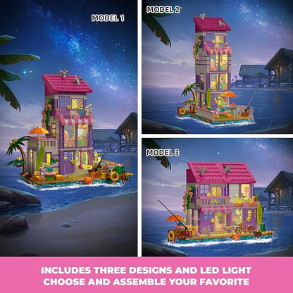 3 in 1 Pink Girls Beach House Building Set with Light Seaside Villa Friends Building Toys Compatible with Lego Friends Construction Educational Toy for Adults &amp 14+ (961 PCS)