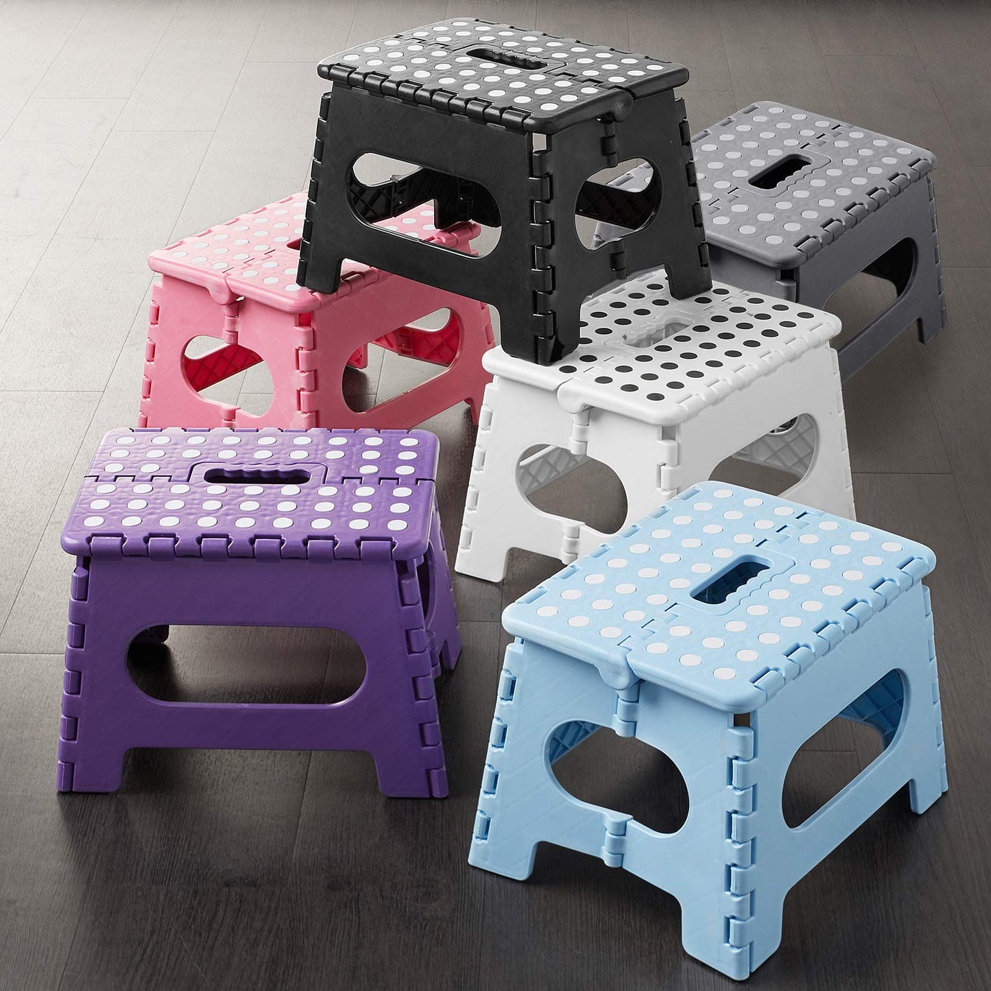 Casafield 9" Folding Step Stool with Handle, Gray - Portable Collapsible Small Plastic Foot Stool for Kids and Adults - Use in The Kitchen, Bathroom and Bedroom