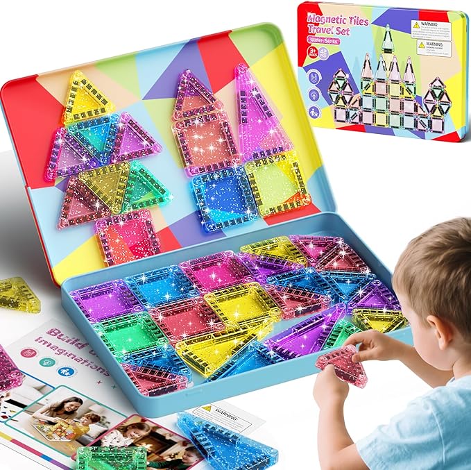 42 Pcs Mini Travel Glitter Magnetic Tiles Magnetic Block Set with Storage Box - STEM Educational Sensory Preschool Building Toy for Toddlers Ideal Kids Gifts for Ages 2 3 4 5 6