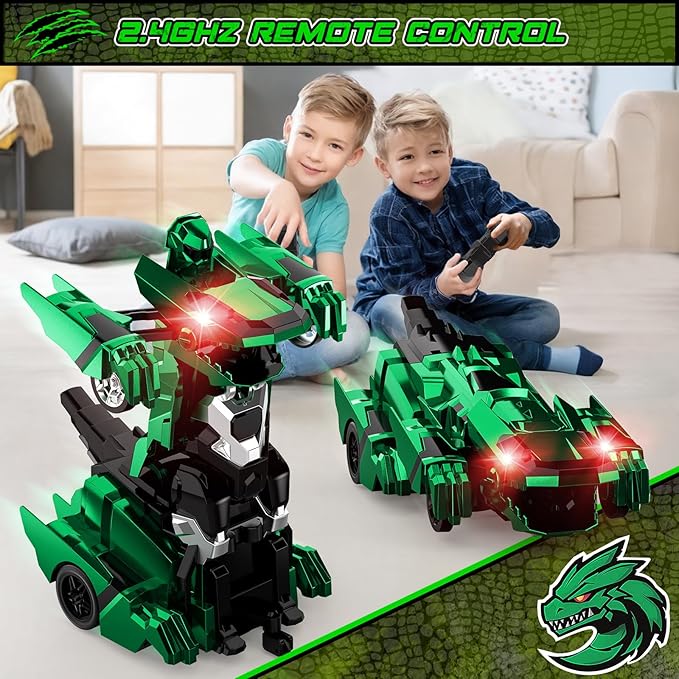 Dinosaur Transform Rc Cars 2.4Ghz Remote Control Car Transforming Robot with Flashing Light 360° Rotation One Button Deformation Car Toy Gifts for Boys Age 4-7 8-12