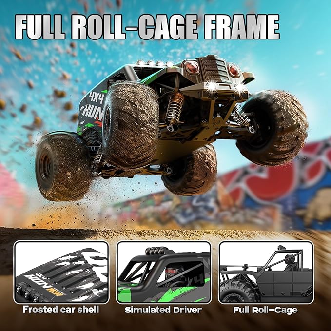 RC Cars 1:14 Scale 4WD Off-Road Monster Truck Rc 40+ KM/H 4X4 Waterproof ESC Remote Control Car with Dual 7.4V 1300mAh Batteries Extra Paddle Tires &amp Full Roll-Cage Frame for Adults &amp Boys
