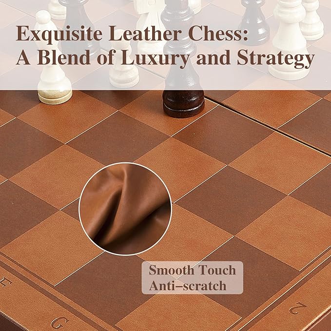 Magnetic Chess Set for Adult Kid 15.4 Leather Chess Board with Handmade Chess Piece Including 2 Extra Queens and Storage Slot Folding Portable Travel Chess Game for Beginner and Professional