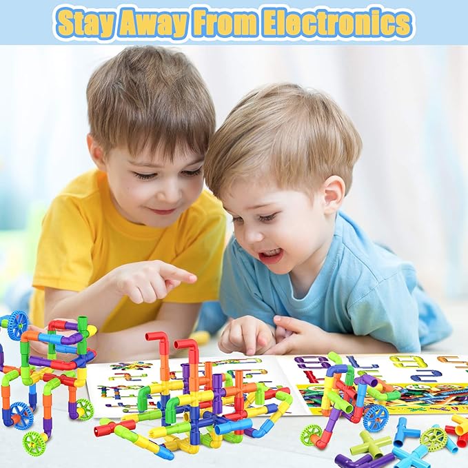 STEM Building Toys for Kids - 250 Pcs Tubular Pipe &amp Spout Interlocking Construction Set | Toddler Learning Toys Age 3-5 6-8 | DIY Tube Locks Blocks with Storage Box &amp Idea Book | Gift for Boy