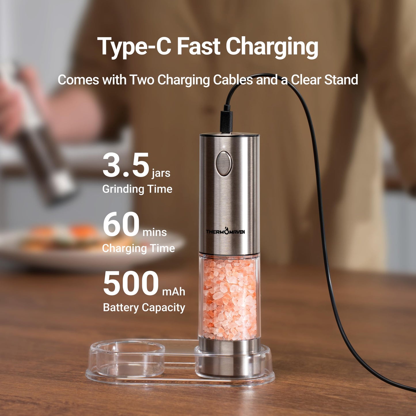 ThermoMaven Upgraded Larger Capacity Electric Salt and Pepper Grinder Set, 110ml Rechargeable Salt and Pepper Shaker with LED light, Stainless Steel Automatic Pepper Mill with 6 Adjustable Coarseness
