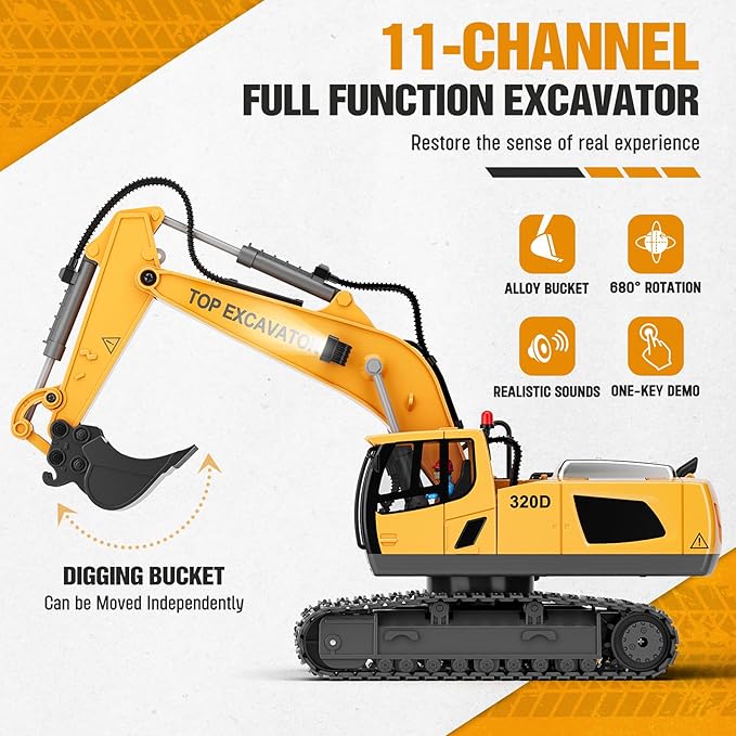 Remote Control Excavator Toy for Boys | 11-Channel Metal Construction Truck with Lights 2×1200mAh Batteries 120-Min Playtime | RC Excavator Toys for Kids Ages 3-12 STEM Gift for Birthday