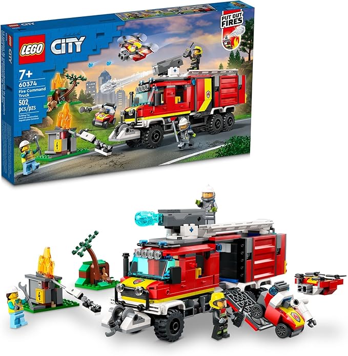 LEGO City Fire Command Truck Building Set - Fire Truck Toy with Land &amp Air Drones for Boys &amp Girls Ages 7+ - Kids Pretend Play Toy with 3 Minifigures - Gift Ideas for Birthdays - 60374