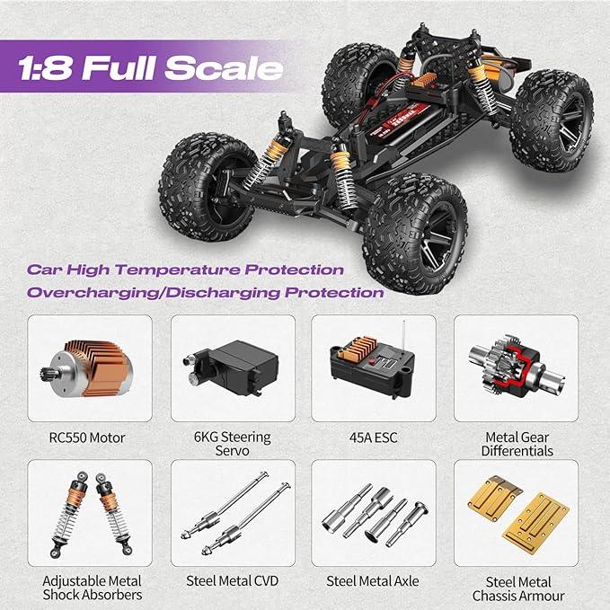 RC Car for Adults Boys 1:8 Scale 50KM/H High Speed Vehicle with 2.4 GHz Remote Control Waterproof Off-Road Monster Truck 2 Rechargeable 2600mAh Batteries Racing Car Toys