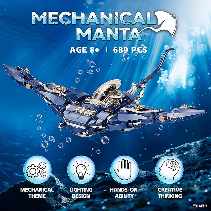Devil Fish Building Set for Adults Sea Ocean Animals Model Toys with Light Compatible with Lego Fish Ideas Fish Toys with Display Stand for Office Home Decor for Boys Girls 8-14