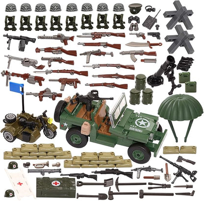 Feleph WW2 Military Vehicles Weapons Pack 282 Pieces US Army Building Block Toy Set WWII Car Tricycle Gear Helmets Vests Tools Bricks Model Compatible with Soldier Figures for Ages 6 and Up