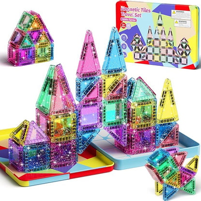 42 Pcs Mini Travel Glitter Magnetic Tiles Magnetic Block Set with Storage Box - STEM Educational Sensory Preschool Building Toy for Toddlers Ideal Kids Gifts for Ages 2 3 4 5 6