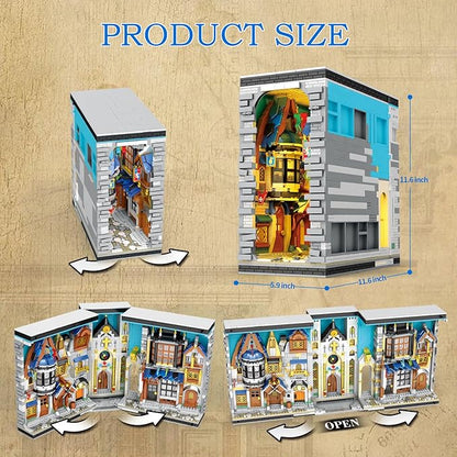 Reobrix Medieval Architecture Book Nook Building Set with Lights European Century Street View Bookshelf Insert Decor Bookshelf Diorama Building Blocks Kit DIY Miniature House Model Kit