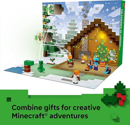 LEGO Minecraft Advent Calendar 2025 Building Toy - Kids Holiday Countdown Set for Boys &amp Girls Ages 7+ - 24 Buildable Surprises &amp 8 Minifigures for Gamers - Collectible Gift for Christmas - 2