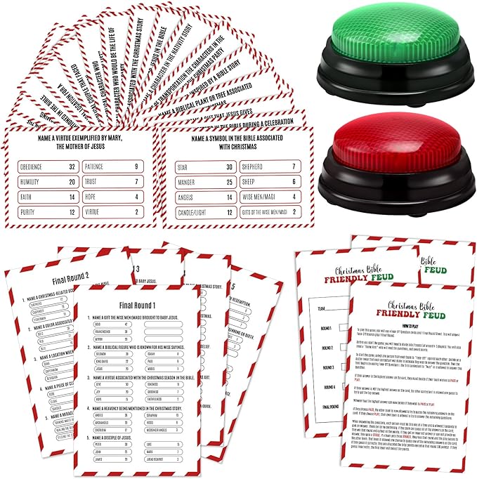 Christmas Bible Friendly Feud Game with 2 Answer Buzzers Religious Card Board Game Night Church Group Fun Trivia Quiz for Xmas Holiday Party Office Class Team Building