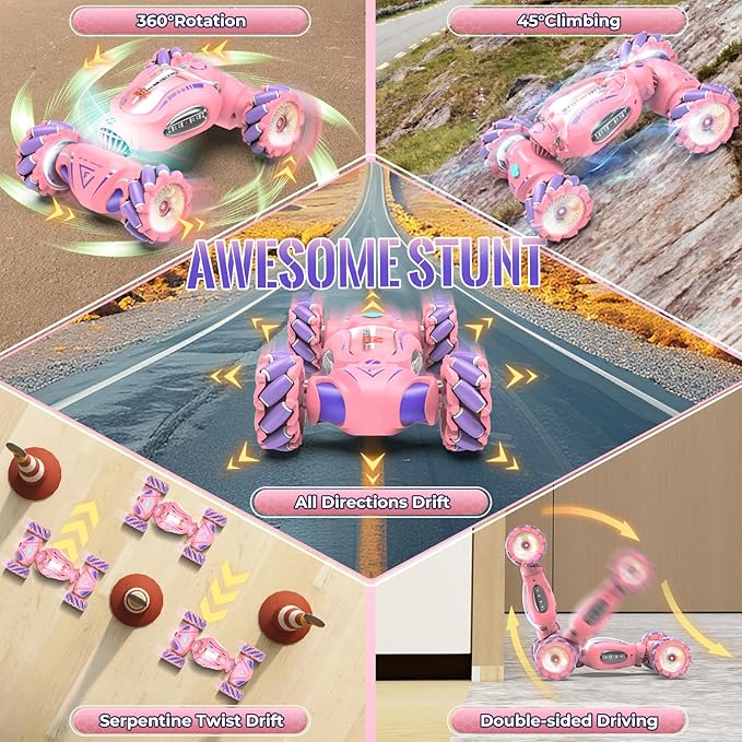 Pink Remote Control Car Toys Gifts for Girls 6-12 with Light &amp Music &amp Spray 2.4Ghz 4WD Double-Sided 360° Rotating Gesture Sensing RC Stunt Car Birthday for Girls Kids