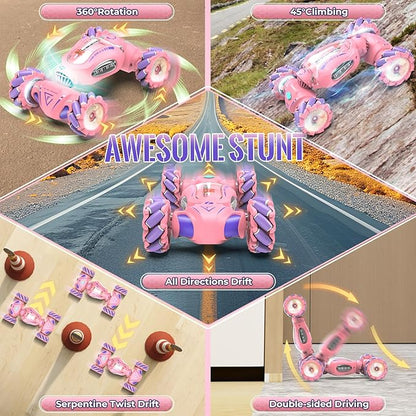 Pink Remote Control Car Toys Gifts for Girls 6-12 with Light &amp Music &amp Spray 2.4Ghz 4WD Double-Sided 360° Rotating Gesture Sensing RC Stunt Car Birthday for Girls Kids