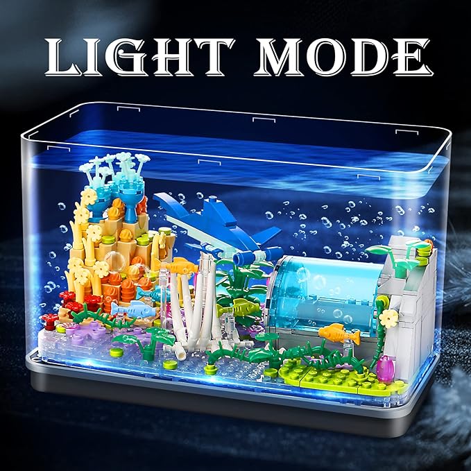 Fish Tank Building Blocks Toy SetsCreative Ideals Aquarium Building Blocks(Can add Water and Charge Light Effects) Best Choice for 6+ Boys Girls or Adults