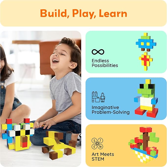 PicassoTiles 102pcs Pixel Magnetic Puzzle Cube 1” Pixel Mix &amp Match Toys with Ideabook STEM Education Learning Building Block Magnets Construction ToySet Stacking Creative Kit for Kids Age 3+ PMC1